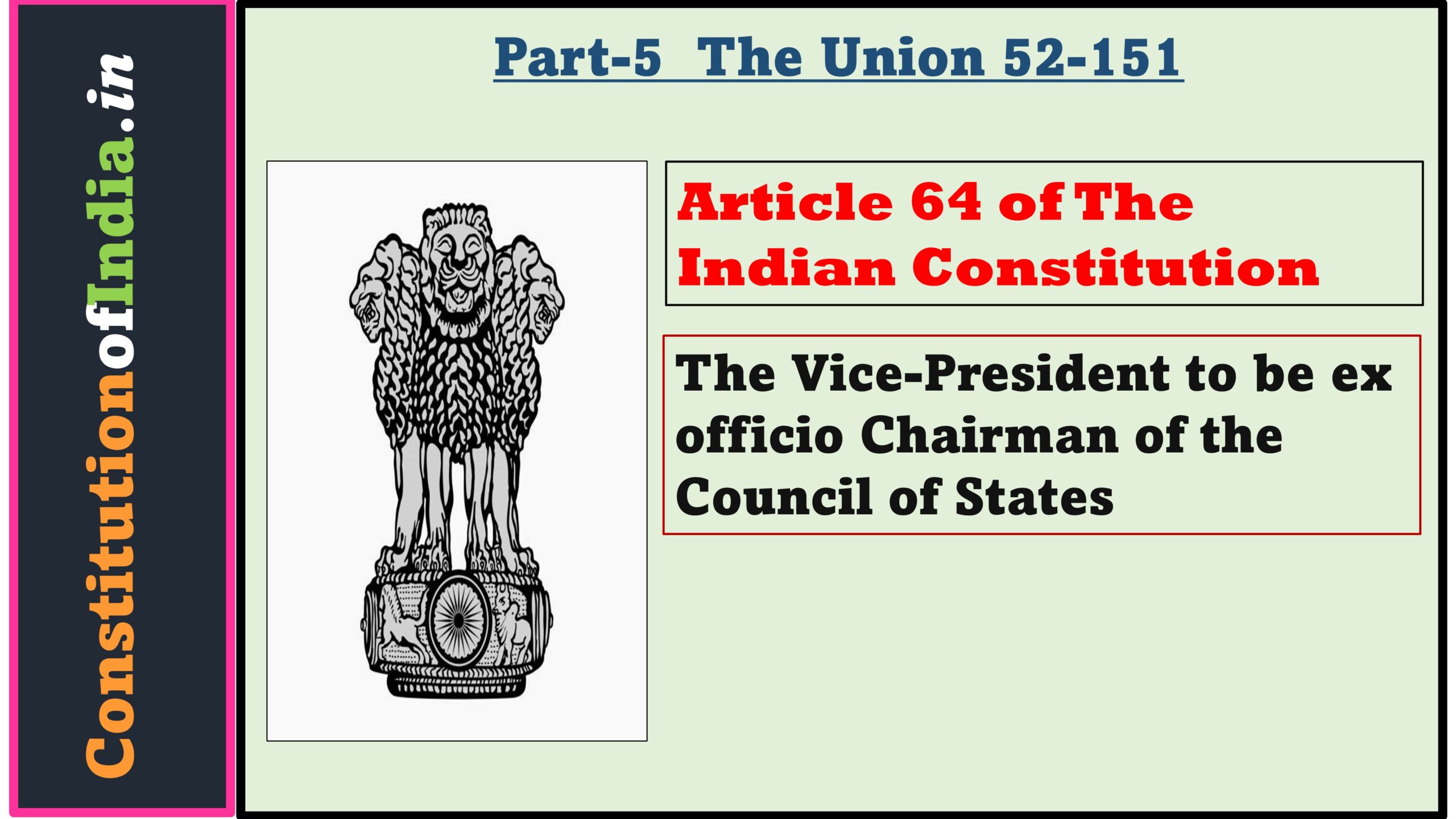 Article 64 of Indian Constitution The Vice-President to be ex officio Chairman of the Council of States. 